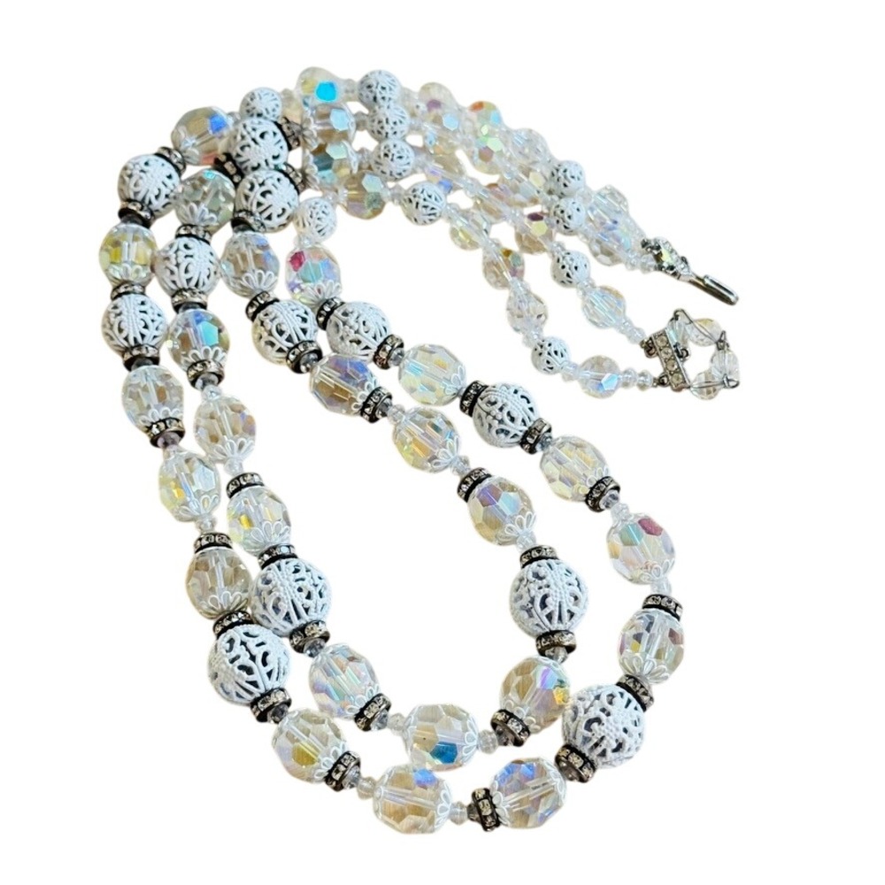 Crystal Rhinestone Beaded Necklace Aurora Borealis Double Strand Multi VTG 1960s